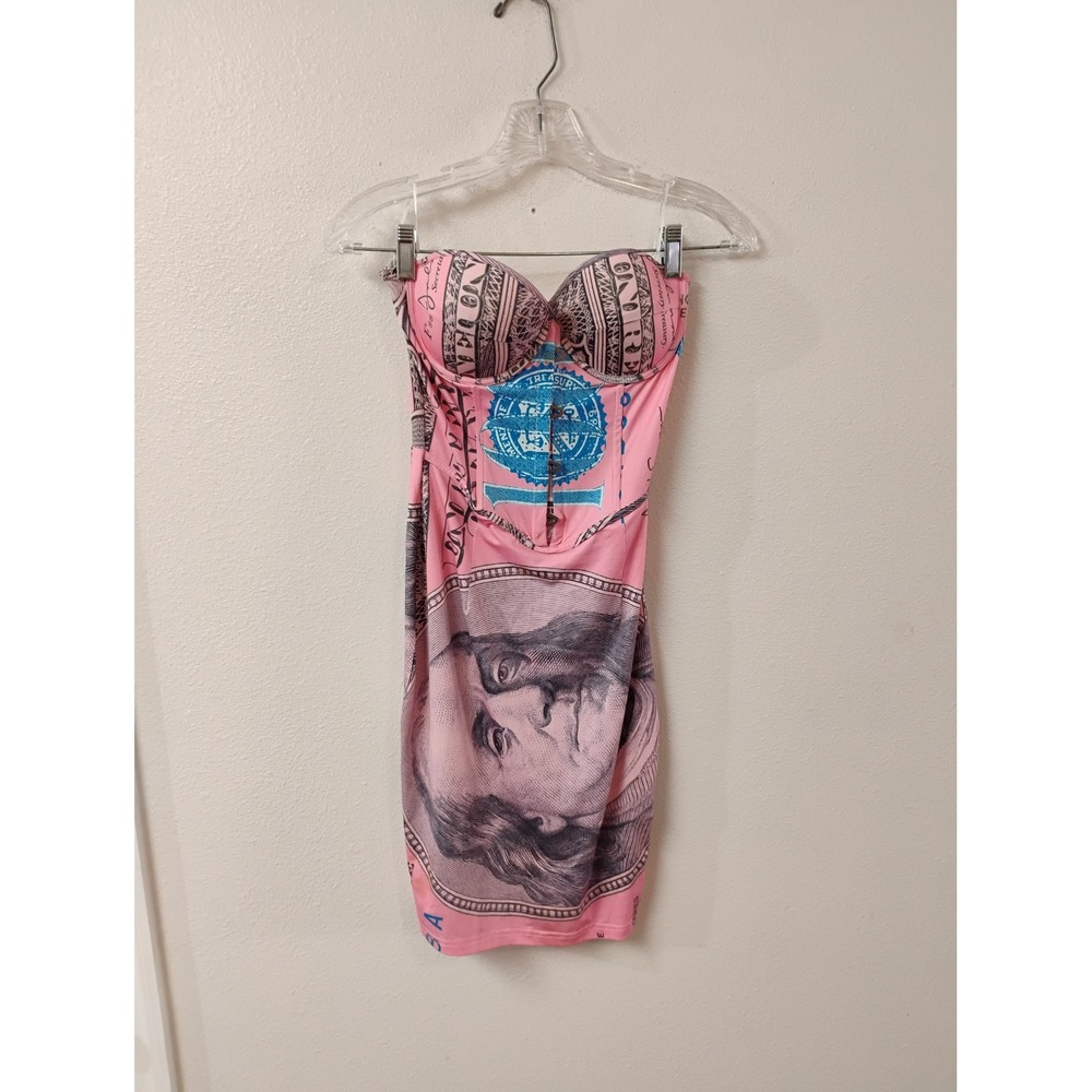 Queen Maria Pink Money Print Corset Bodycon Mini Dress Small $100 Bill Graphic